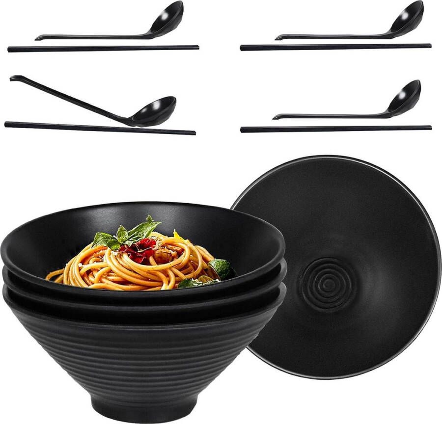 Ramenkommen 4-delige set Japanse servies Grote noedels kom inclusief eetstokjes en lepels 40 oz soepkommen Geschikt voor pasta fruit salade Vaatwasmachinebestendig