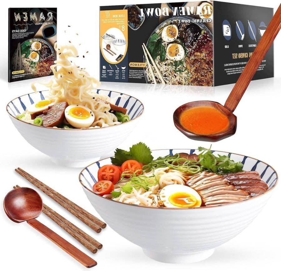 Ramenkommen set van 2 Japanse keramische salade-noedelkommen 1000 ml inclusief recepten eetstokjes en lepels voor feestjes en kamperen