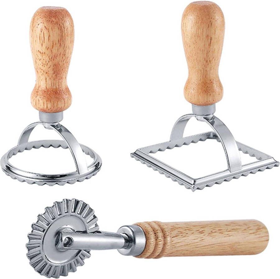 Ravioli Maker Stempelsnijder pasta knoedels lasagne pierogi houten handvat met geribbelde rand (3 set met rolwielset)