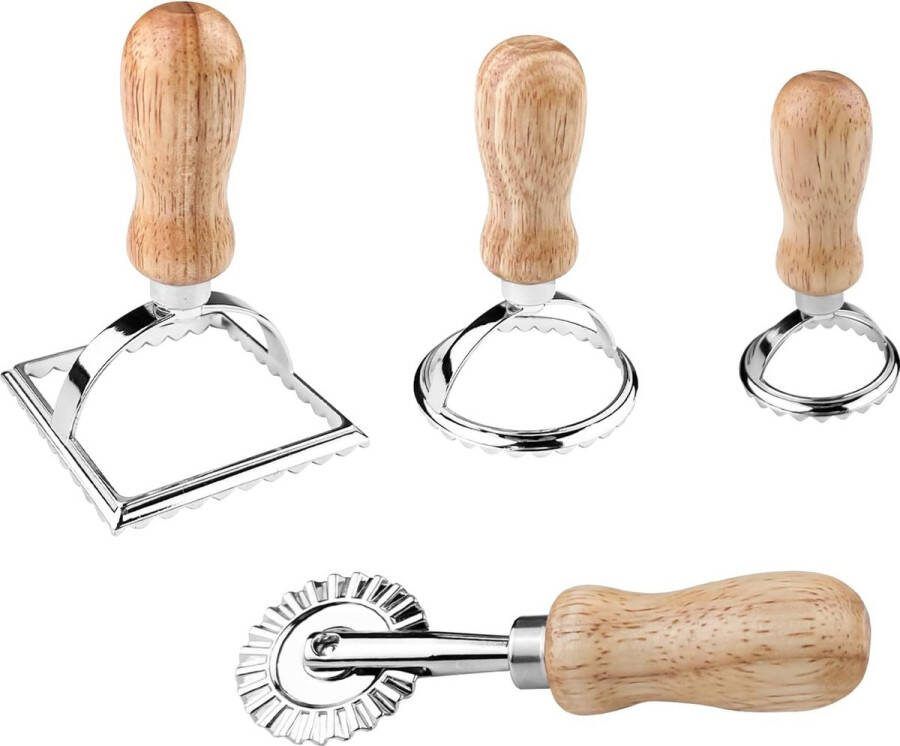 Ravioli set van 4 stuks ravioli uitsteekvormpjes deegzakvorm deegroller gegolfd ravioli roller met houten handvat ravioli-stempel met geribbelde rand multifunctionele pastasnijder