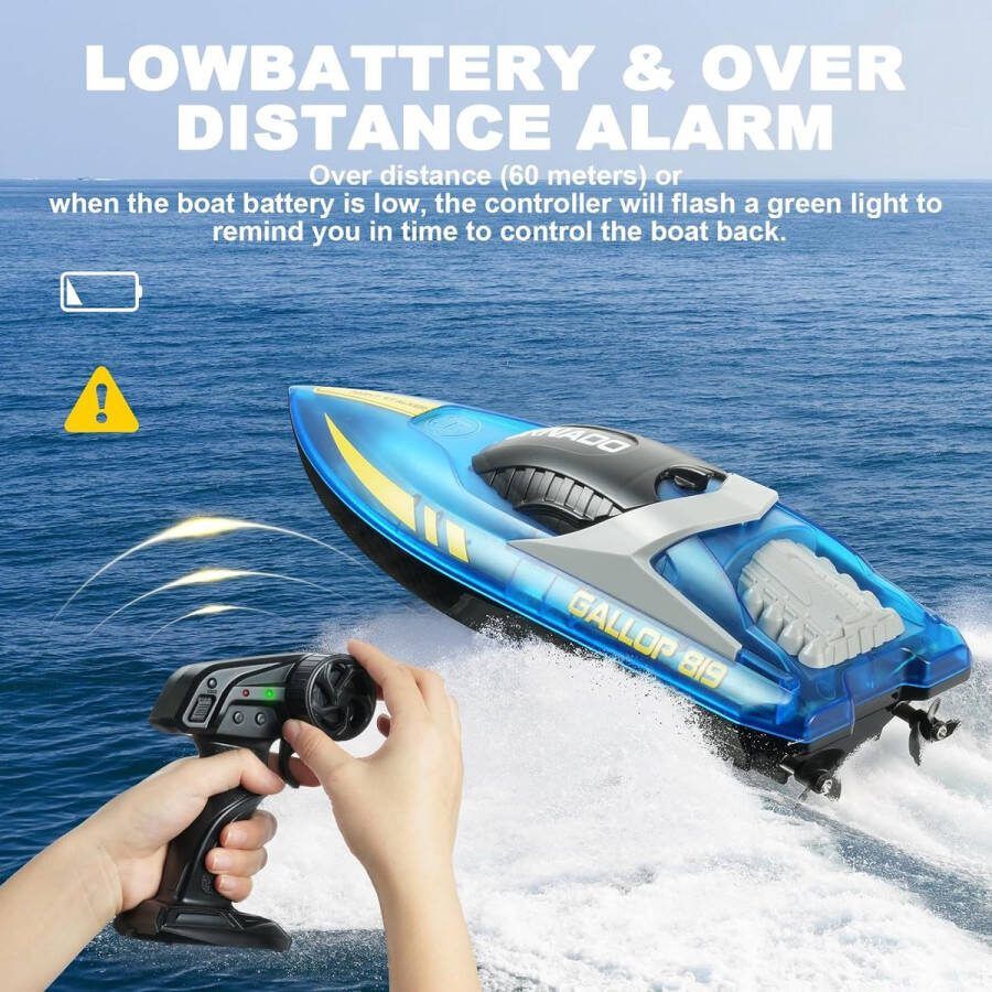 RC boot met LED-verlichting 15 km h en 2.4 GHz afstandsbediening Herstel van kapseizen 2 oplaadbare batterijen Snelle boot Speelgoedboot