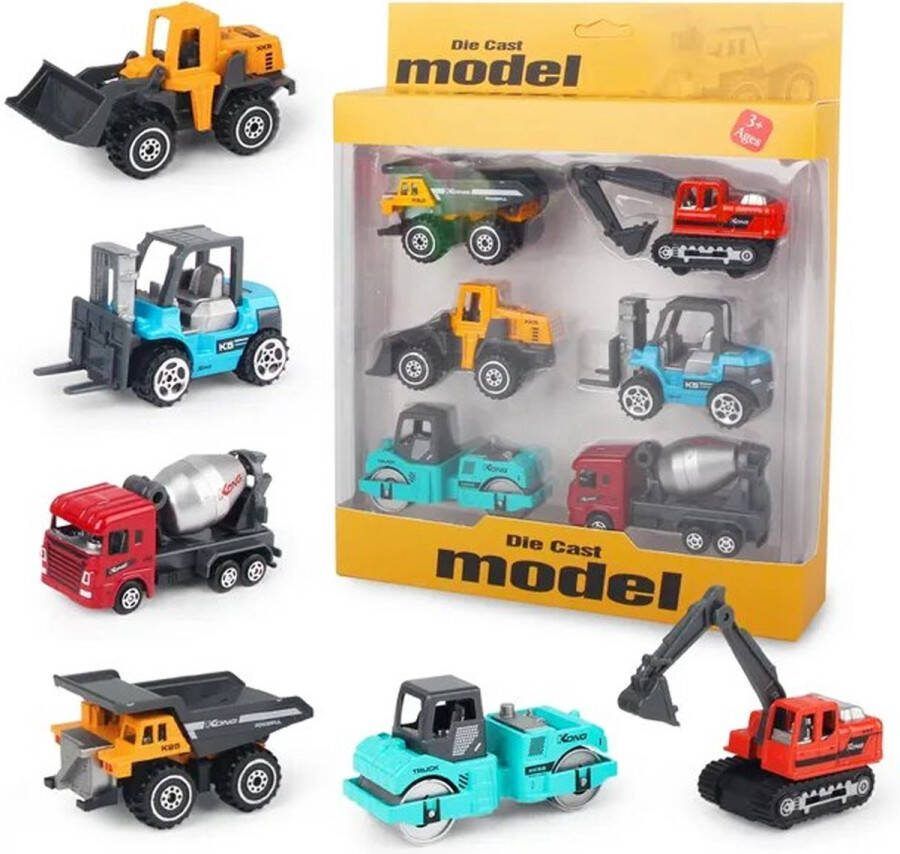 Realistische Bouw Collectie 6 stuks Collectie Speelgoedwagens Bouw Graafmachine Bulldozer Heftruck Cementwagen Kiepwagen Speelgoed auto wagen Vrachtwagen