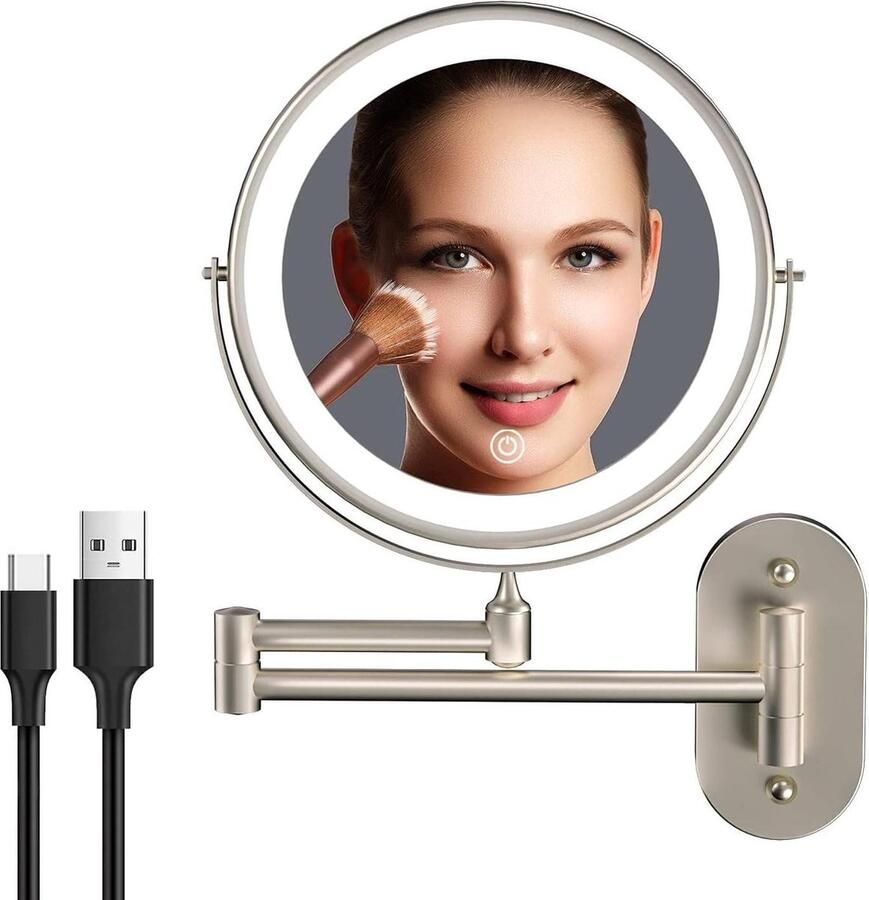 Rechargeable Makeup Mirror with Light- 8 inch Wall Mirror- 360 Degree Rotation- 1X 10X Magnification- Touch Screen Dimmable- Bathroom Makeup Mirror- Extended Arm- 3 Colors