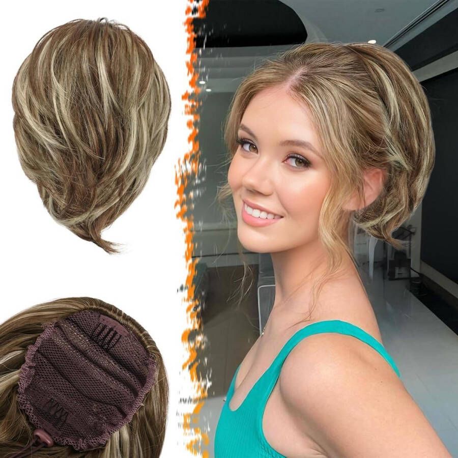 Rechte Haarknot Extensions Korte Rechte Paardenstaart Bun Haarextensies voor Vrouwen Synthetische Highlight Haar Scrunchies Bruin & As Blond