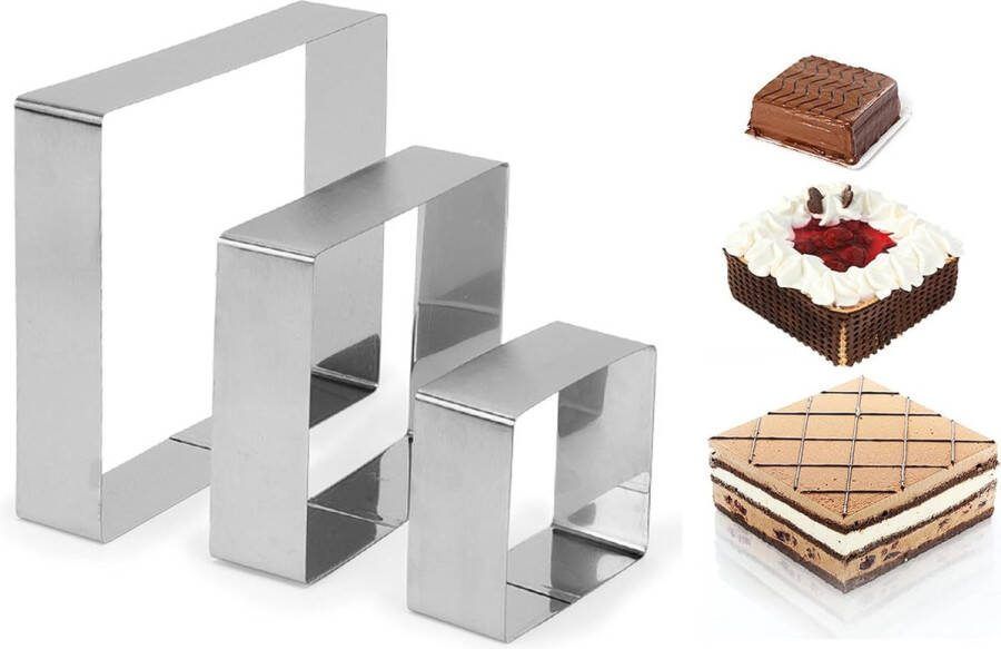 Rechthoekig bakframe 3 stuks taartvorm rechthoekig taartringset 10 15 20 cm roestvrij staal bakvorm hoekigring hoog 4 cm voor meerlaagse cakes gebak moussecake
