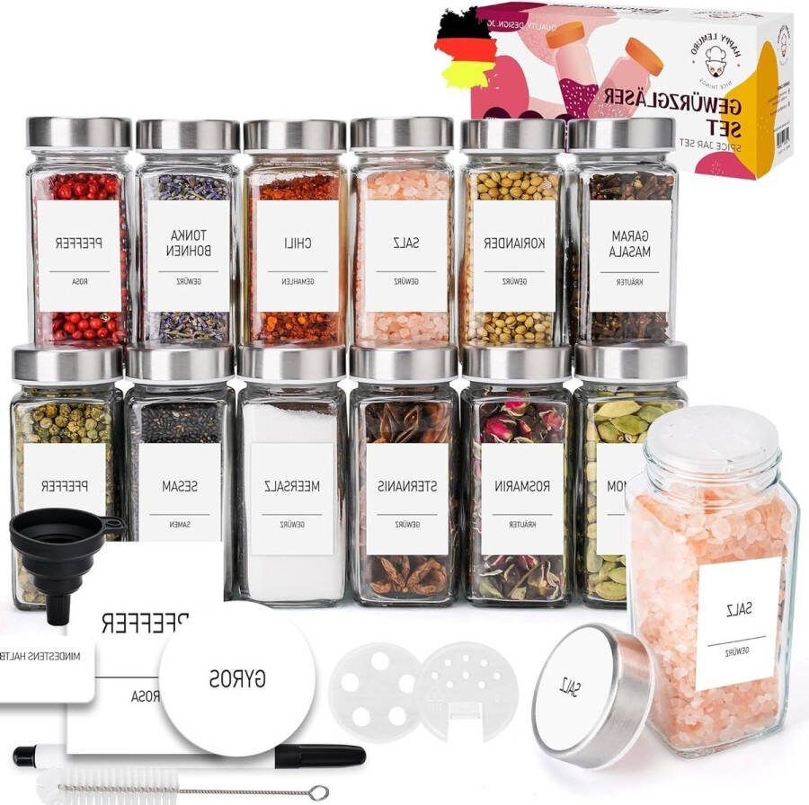 Rechthoekig kruidenpotje met stickers 120 ml set van 12 stuks 279 etiketten in het Duits strooiinzetstuk roestvrijstalen deksels accessoires Kruidenpotjes met Stickers