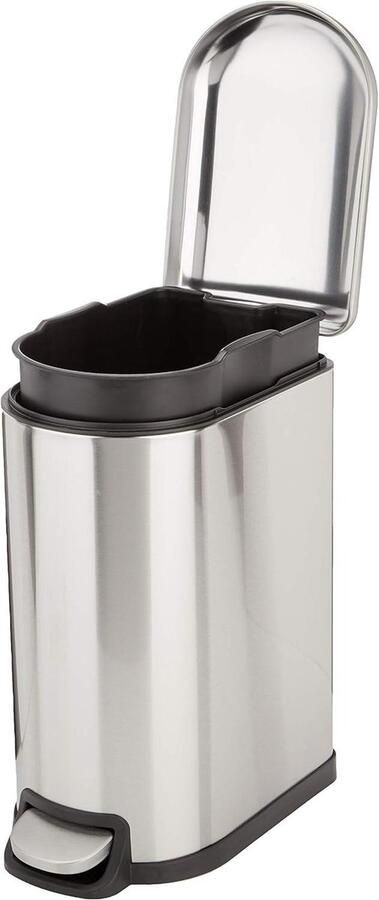 Rechthoekige afvalbak voor krappe badkamerruimtes 10 liter zilver met roestvrijstalen voetpedaal