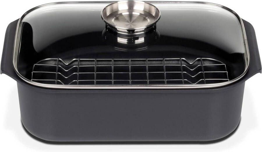 Rechthoekige braadpan met aromaglas deksel en grillinzetstuk gegoten aluminium zwart ca. 40 x 26 x H 11 cm