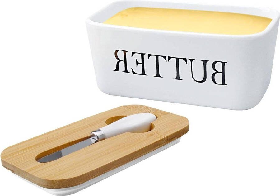 Rechthoekige keramische botervloot met houten deksel luchtdichte botervloot botermes 250 g deksel