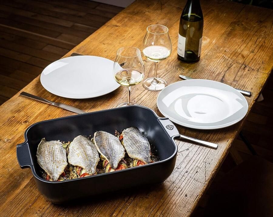 Rechthoekige ovenschaal met handgrepen keramiek leisteen grijs 7 2x31x21 7 cm inhoud: ca. 2 l 60060