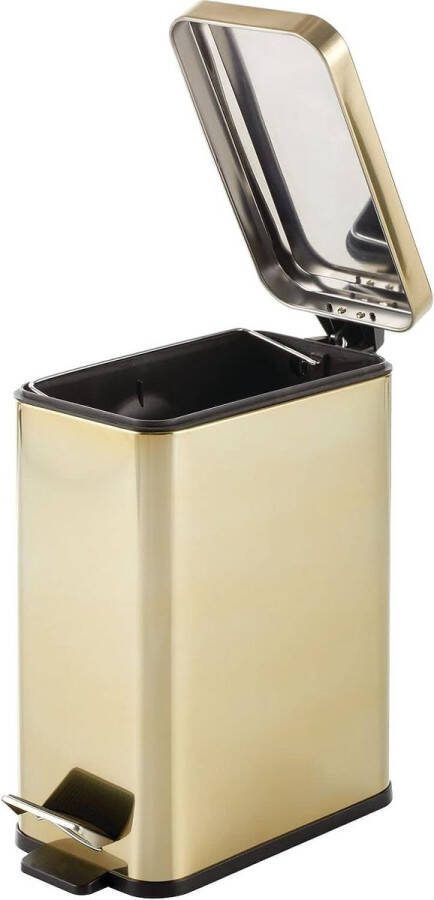 Rechthoekige pedaalemmer met een inhoud van 10 L – compacte prullenbak met binnenemmer voor de badkamer keuken of kantoor – moderne vuilnisbak van metaal en kunststof – messingkleurig