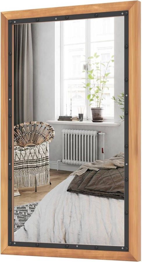 Rechthoekige spiegel met houten frame 55 x 90 cm rustieke wandspiegel onbreekbare hangspiegel decoratieve houten spiegel met haken voor hal woonkamer slaapkamer bruin