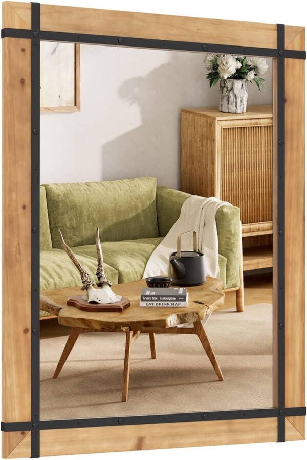 Rechthoekige spiegel met houten frame 77 x 100 cm rustieke wandspiegel onbreekbare hangspiegel decoratieve houten spiegel met haken voor hal woonkamer slaapkamer bruin