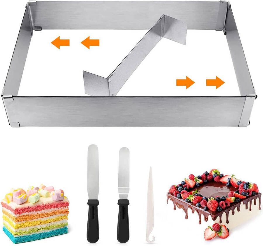 Rechthoekige taartring verstelbaar rechthoekig verstelbaar 5 cm hoog bakvorm met verdelers en spatel roestvrijstalen taartvorm bakplaat taartring rechthoekig voor cake taarten