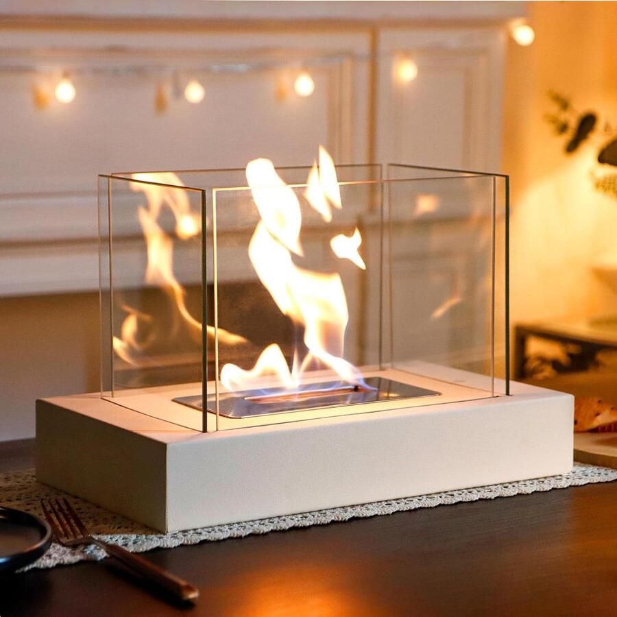 Rechthoekige Tafelblad Vuurschaal Pot 35 cmL Draagbare Tafelhaard Schoon Brandende Bio-ethanol Ventilatieloze Open Haard voor Binnen Buiten Patio Feesten Evenementen Wit