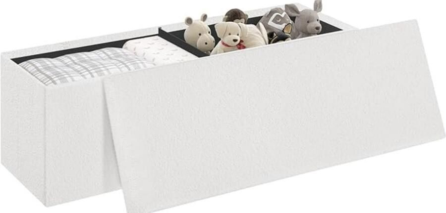 Rechthoekige zitzak en opbergbank met afneembaar deksel ideaal voor gebruik als opvouwbare opbergkist in de slaapkamer of als voetensteun. Gemaakt van fleece in de kleur wit. Afmetingen: 110 x 38 x 38 cm