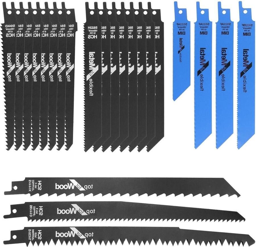 Reciprozaag zaagbladenset 23-delig BIM HCS voor metaal en hout 240 225 150 mm 6TPI Accessoires