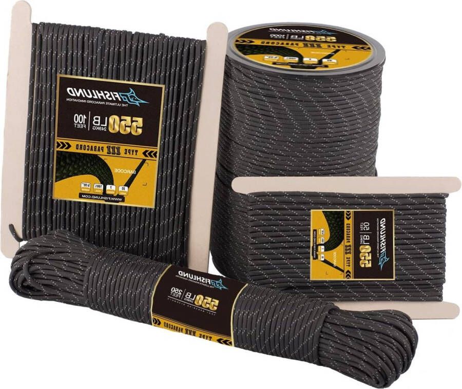 Reflecterend Paracord 550 lbs 7 Strengen Type III Paracord Touw 305 m Hoge Sterkte Nylon Parachutekoord voor Kamperen Survival Vissen Zwart