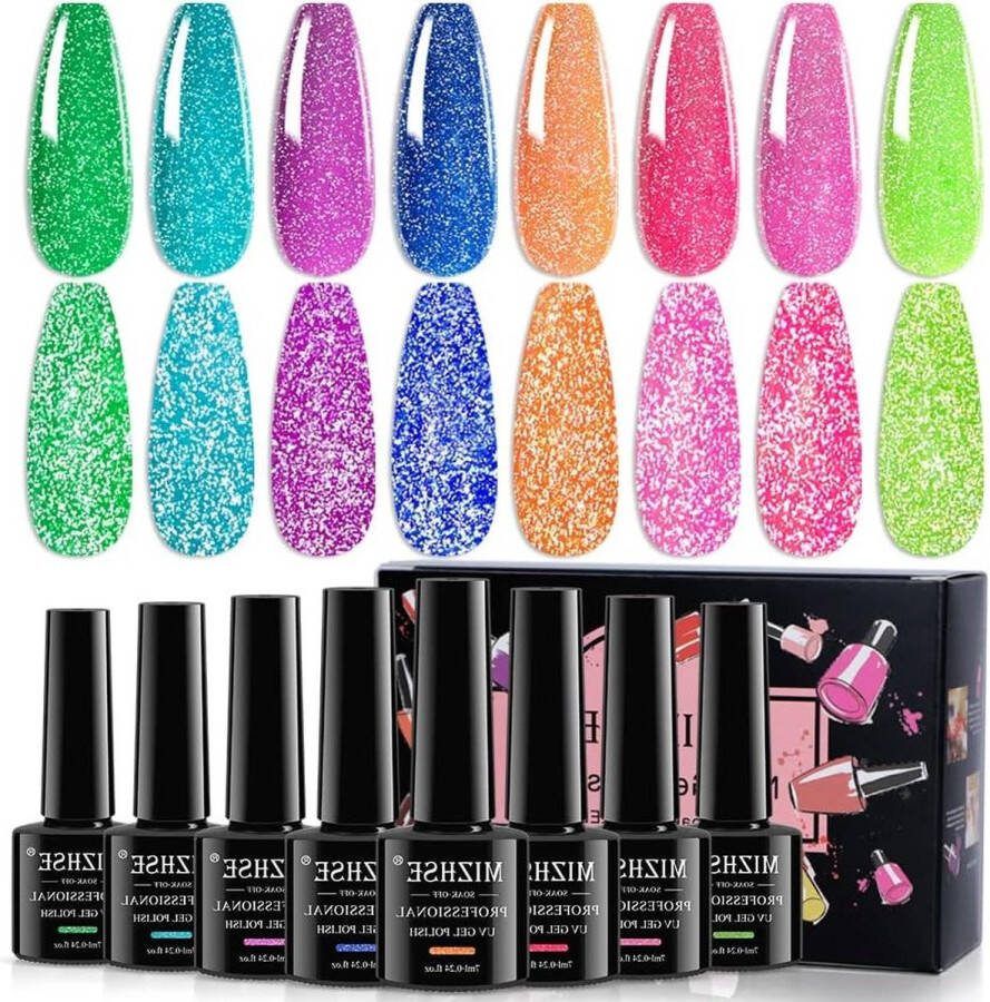 Reflective Glitter Gel Polish Set Neon Reflective Shine Shimmer Nail Gel Kit Sparkly Disco Shiny Fluorescent Bright UV LED Soak Off Polish DIY Nail Art Salon 8 * 5ml