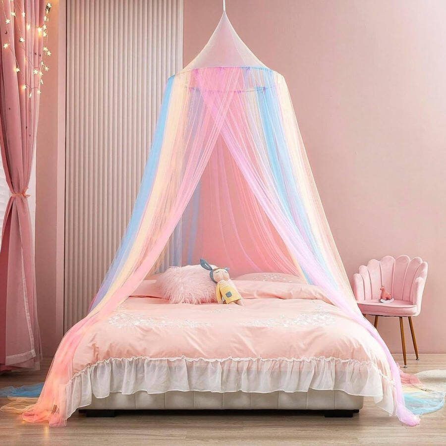 Regenboog-bedhemel meisjes baldakijn kinderkamer hemelbed gordijnen tweepersoonsbed muggennet eenpersoonsbed muggennet bed reizen thuis binnen buiten