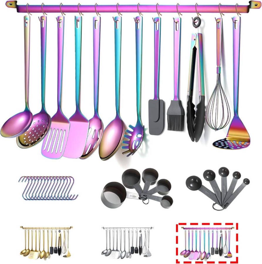 Regenboog kookgerei Set roestvrij staal 37-stukken keukengerei set met titanium regenboog plating keuken gadgets kookgerei set keuken gereedschap set met keukenhouder non-stick en hittebestendig.Vaatwasser veilig gemakkelijk schoon te mak