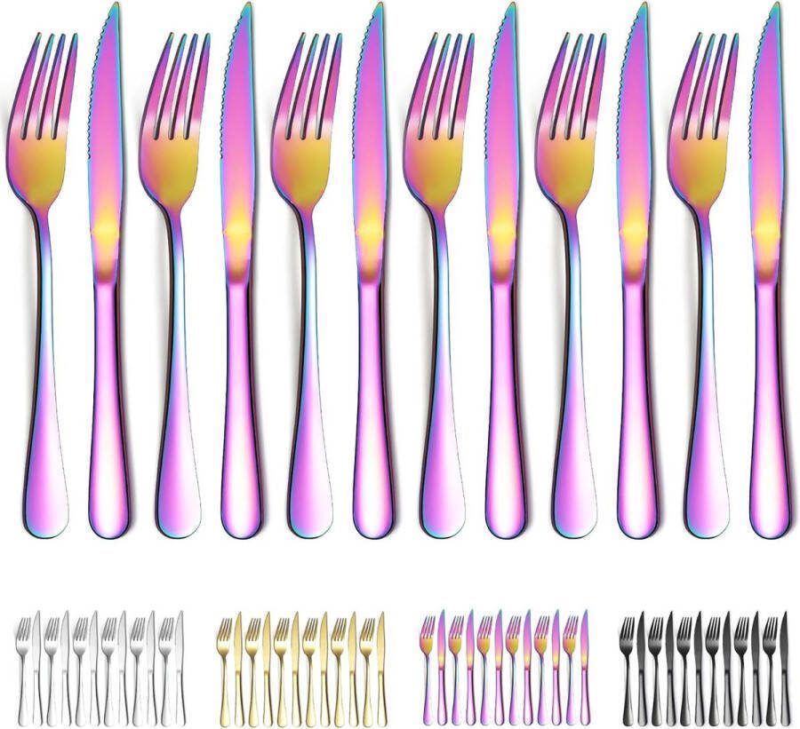Regenboog steakbestek 12-delig regenboog-titanium coating roestvrij staal 6 vorken en 6 tafelmessen steakmessen steakvorken vaatwasmachinebestendig