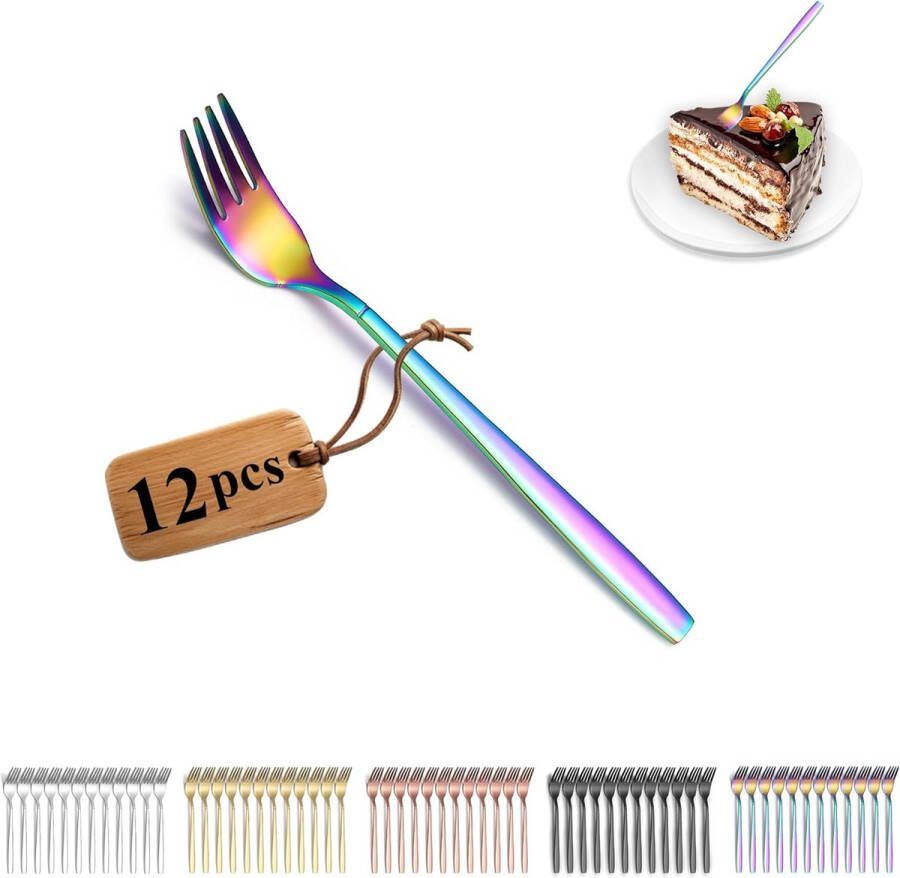 Regenboog Taartvorken 12 Stuks Titanium Kleurrijke Coating Roestvrij Staal Dessertvorken Fruitvorken Kleine Vork voor Thuis Restaurant Hotel Bruiloft Feesten Vaatwasmachinebestendig