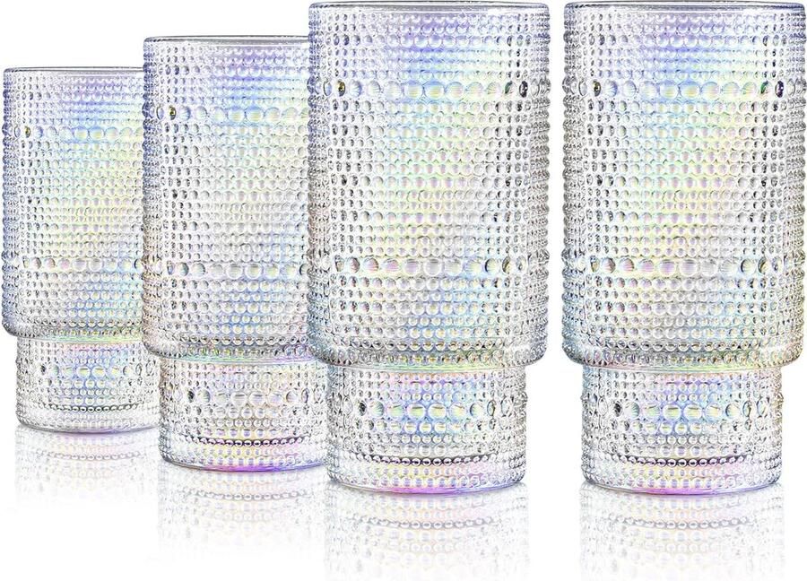 Regenboog-waterglazen met pareltextuur vintage stapelbare longdrinkglazen drinkglazen 300 ml romantische iriserende sapglazen cocktailglazen glazen mokken set van 4