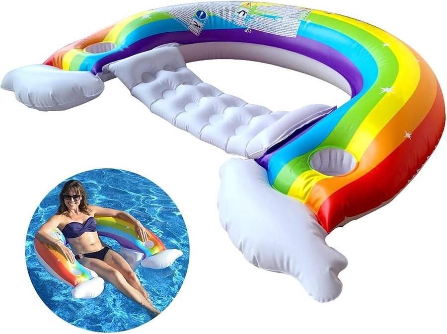 Regenboog Zwemband Lounge Float met Bekerhouders 148 x 100cm Opblaasbare Zwembadligstoel voor Volwassenen en Kinderen