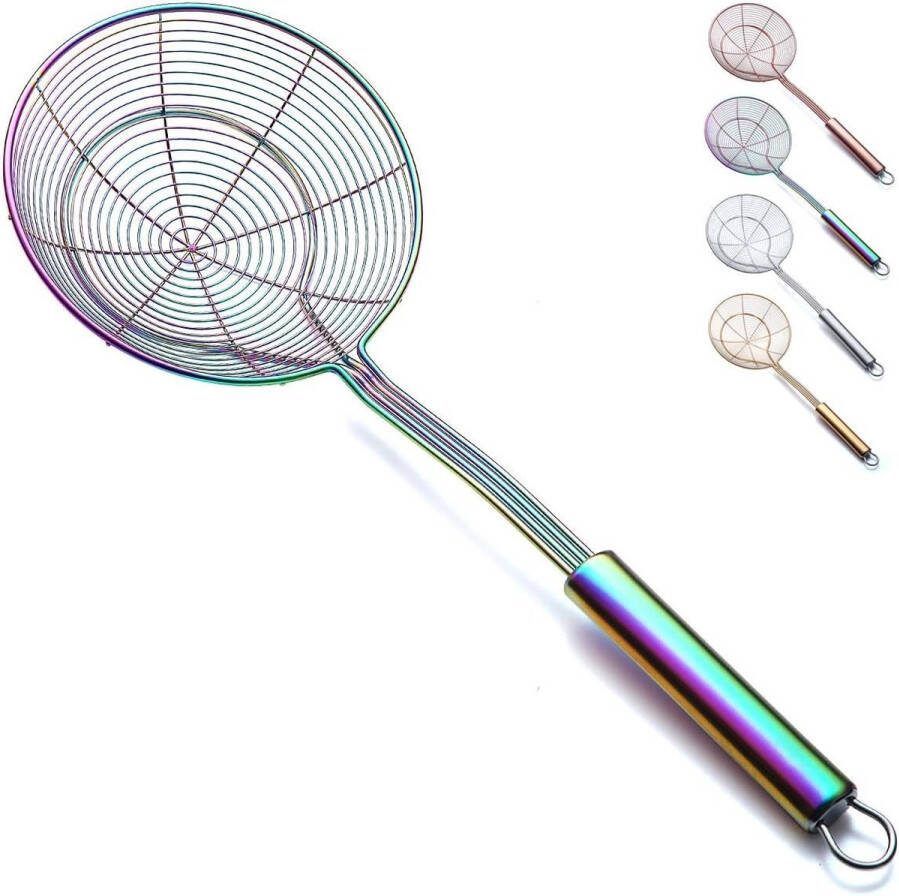 Regenboogzeef Spider Skimmer voor keuken roestvrijstalen titaniumcoating Kleurrijke gleuflepel Pastazeefjes Tomatenvoedselzeef Skimmer Pollepel voor pasta