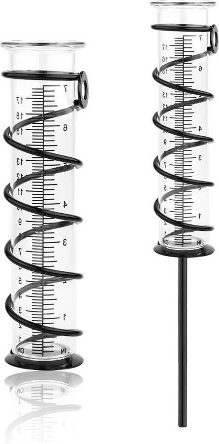 Regenmeter 18 cm Glazen Regenmeter met Paal en Metalen Spiraal Regenmeters Rain Gauge voor Tuin Gazon Hek Brievenbus (Zwart)