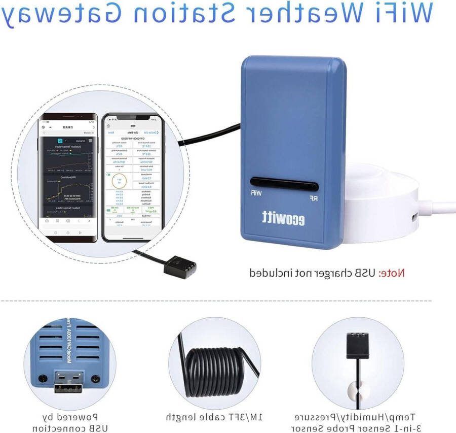 Regenmeter draadloos weerstation op zonne-energie met 7-in-1 buitensensor voor tuin