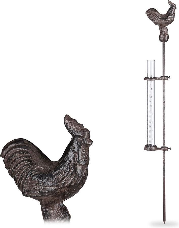 Regenmeter haan grondpen Decoratieve neerslagmeter 17cm Glazen houder tuinsteker metaal brons