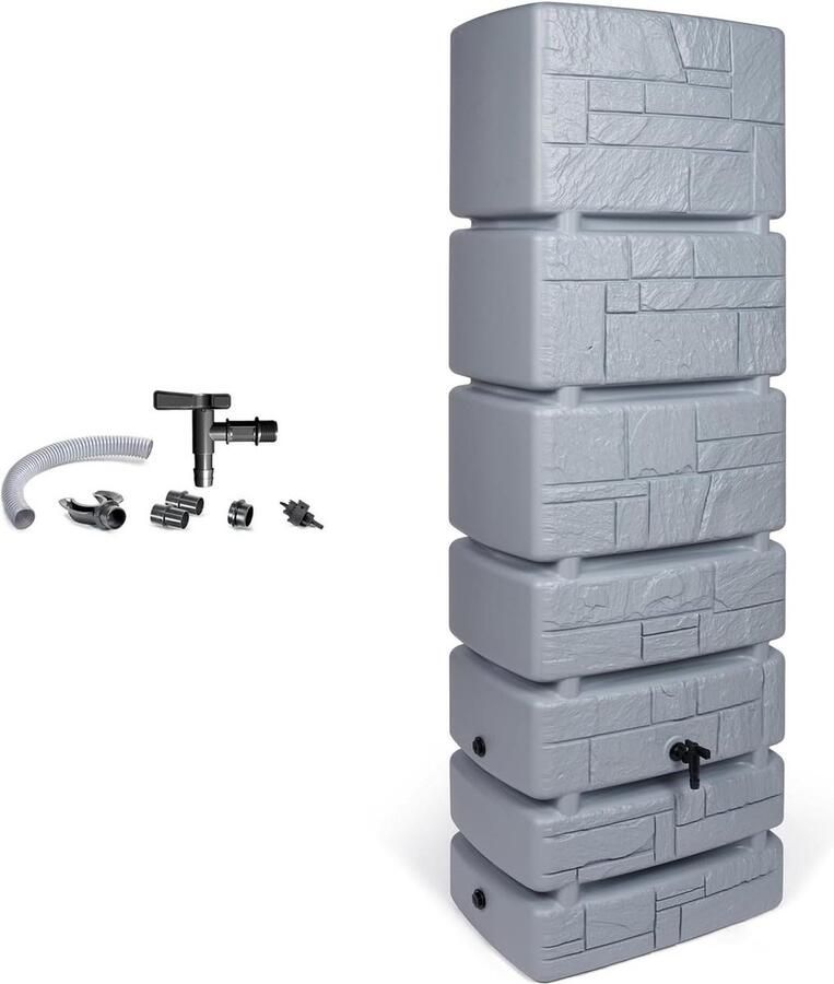 Regenton XXL Waterton Tower Stone 350 liter grijs met kraan vulautomaat Regenton