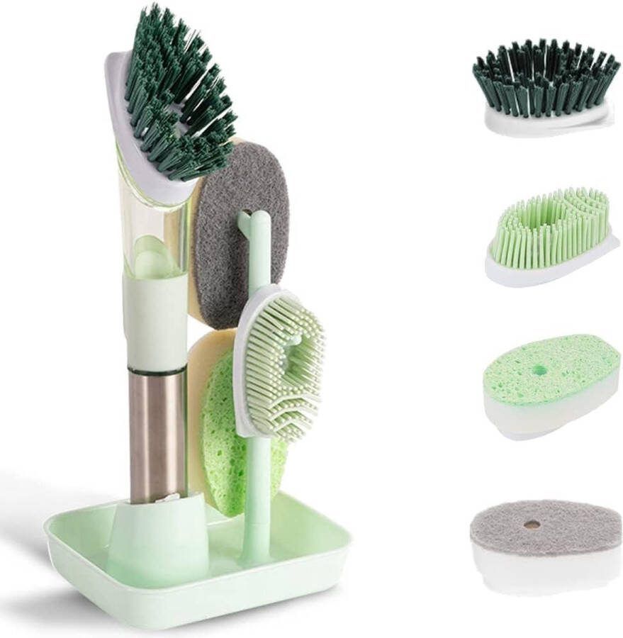 Reinigingsborstel afwasborstel borstel met 4 reservekoppen en opberghouder pannenborstel met afwasmiddeldispenser reinigingsborstel spoelbak keukenorganisatie