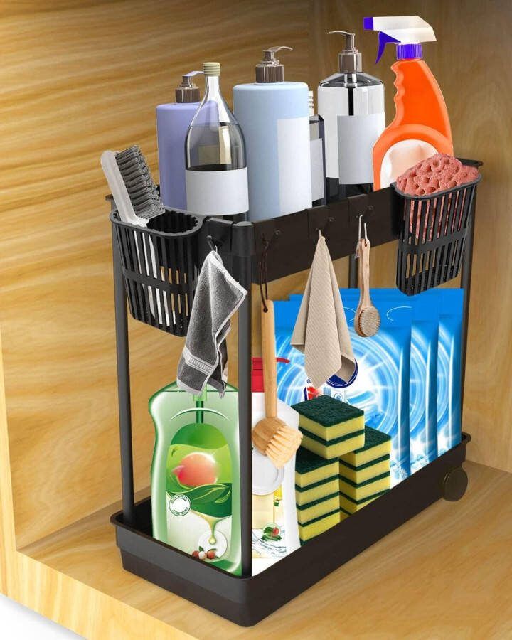 Reinigingsmiddelorganizer onder de gootsteen organizer keuken opslag en organisatie keukenorganizer kast keukenorganizer met wieltjes 4 haken 2 hangkopjes 2 etages 2 etages zwart