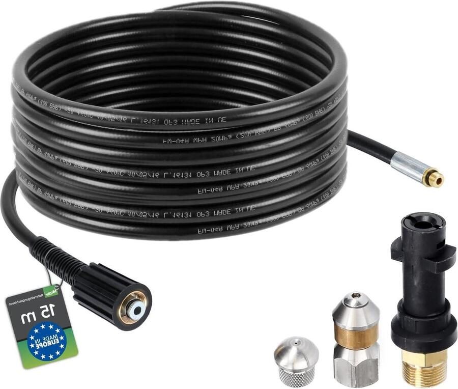 Reinigingsslang 15 meter 160-200 bar met adapter stijve sproeiers en roterend compatibel met hogedrukreinigers Kärcher K2 K3 K4 K5 K6 K7