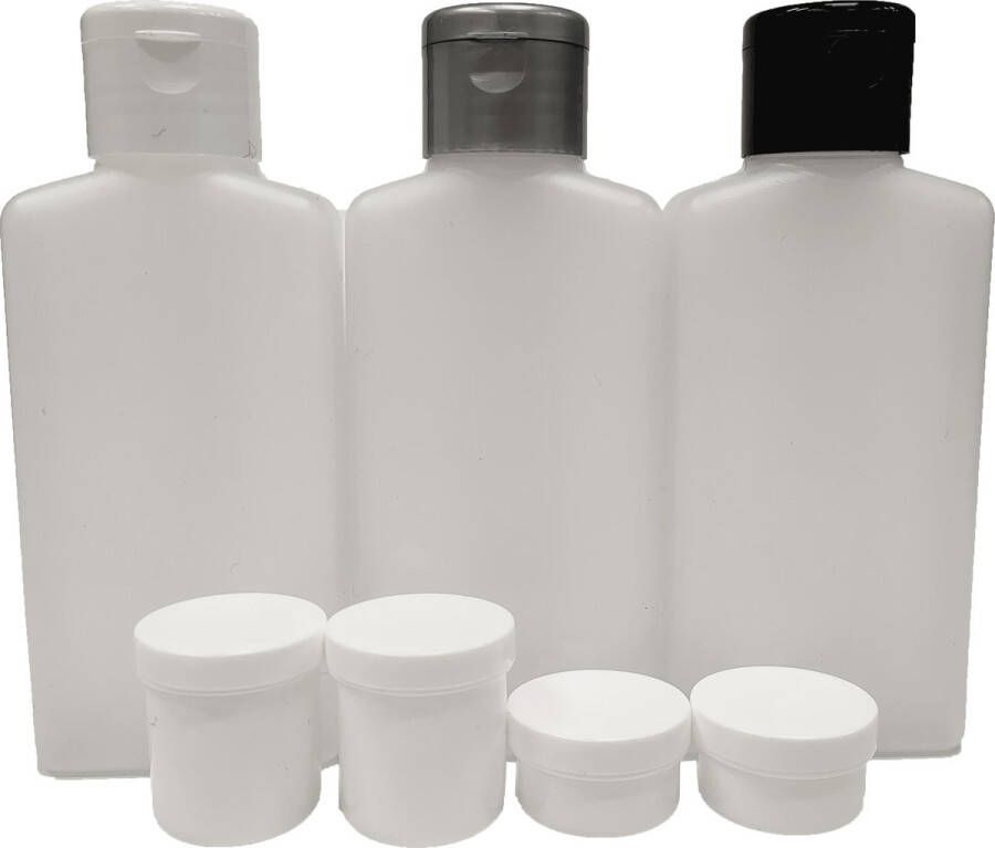 Reisflesjes handbagage 3 reisflesjes 100ml + 4 plastic potjes 6ml en 12ml reisset- reisflacons