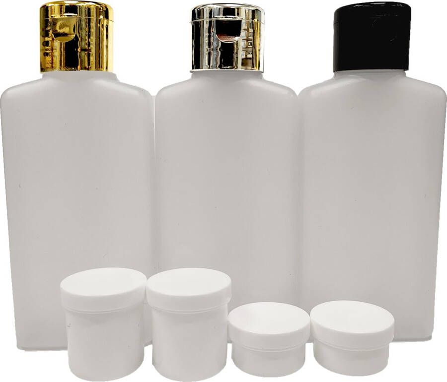 Reisflesjes handbagage Goud-Zilver 3 reisflesjes 100ml + 4 plastic potjes 6ml en 12ml reisset- reisflacons