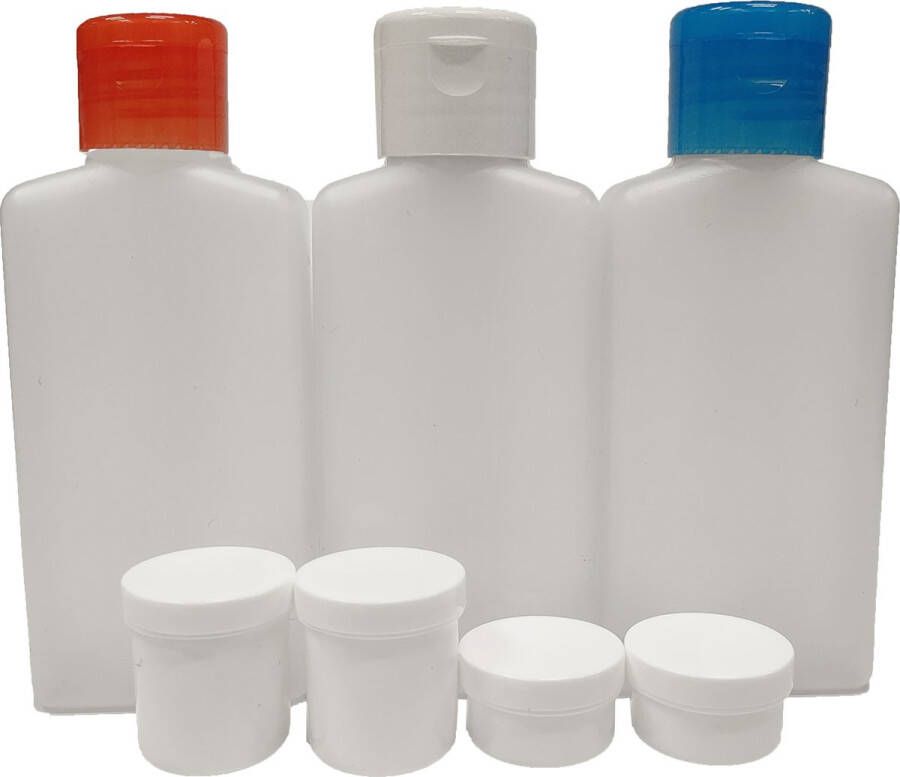 Reisflesjes handbagage Holland 3 reisflesjes 100ml + 4 plastic potjes 6ml en 12ml reisset- reisflacons