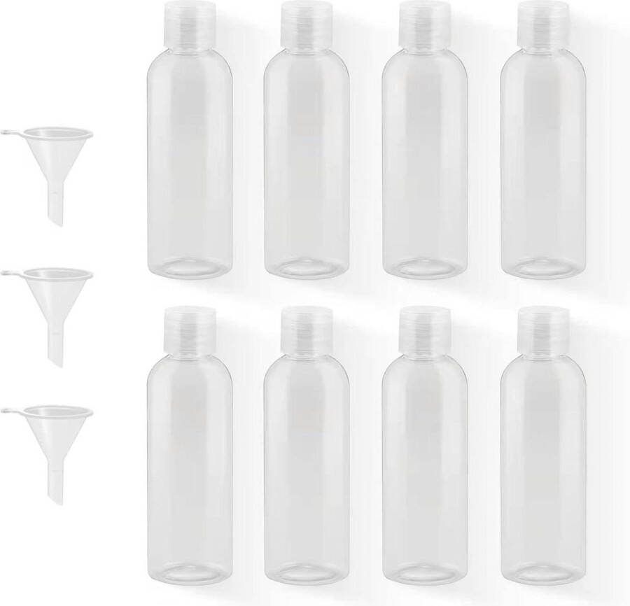 Reisflesjes set van 8 stuks 100 ml plastic flessen met trechters transparant lege cosmetica reiscontainer mini-luchtflessen PET douchegel container cosmeticaflessen reisflesjes handbagage
