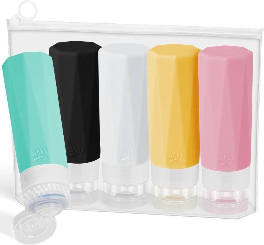 Reisflessen 100ml 5 Stuks Hervulbare Siliconen Reizflesjes met Opbergtas Lekvrije Reiscontainers voor Vloeistoffen Shampoo Lotion reisflesjes handbagage
