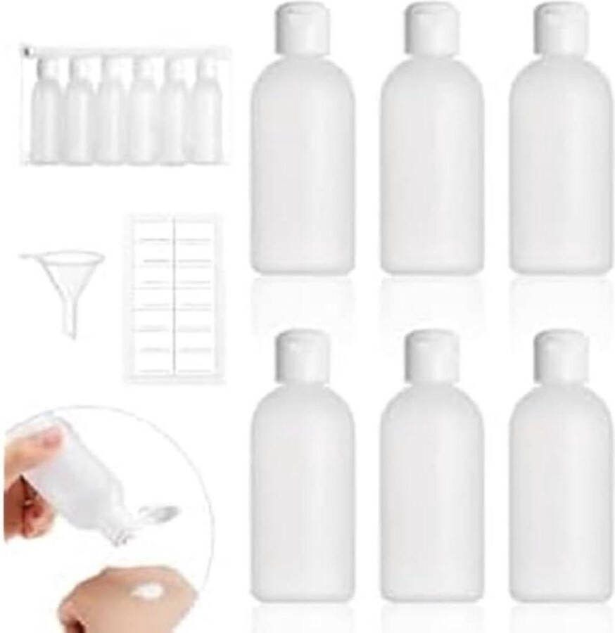 Reisflessen 60 ml 6 stuks Vloeibare flessen om te vullen met trechter en etiketten Plastic flessenset voor shampoo Douchegel Lotion reisflesjes 100ml