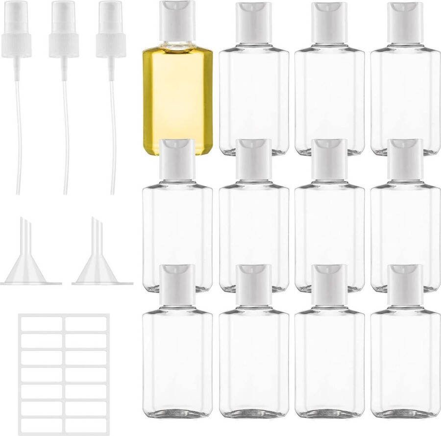 Reisflessen plastic 12 stuks 60 ml transparant met sproeier en trechter reisflesjes handbagage