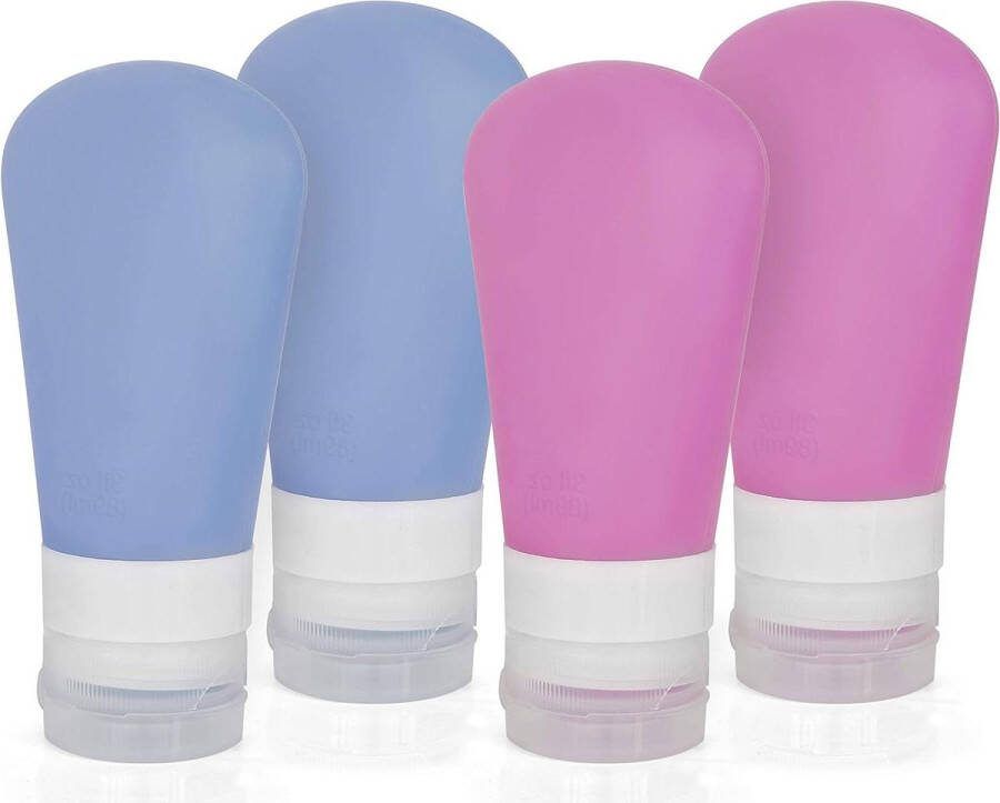 Reisflessen Set van 4 Siliconen Lekvrije Vloeistofcontainers voor Vliegtuig Handbagage Blauw & Roze reisflesjes handbagage