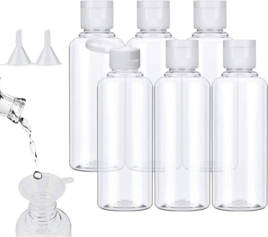 Reisflessen set van 6 stuks 100 ml plastic fles inclusief trechters transparante luchtvaartfles vliegreizen vakantie wit reisflesjes 100ml