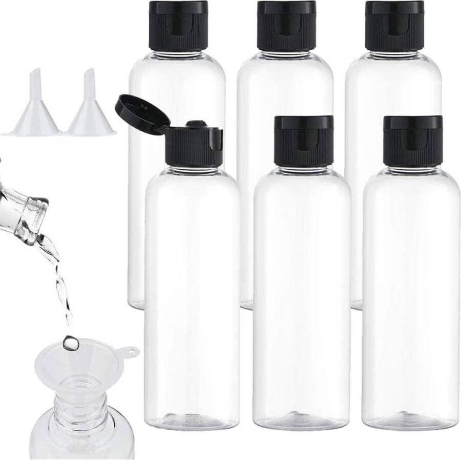 Reisflessen set van 6 stuks 100 ml plastic flessen transparante luchtvaartfles vliegreizen zwart reisflesjes handbagage