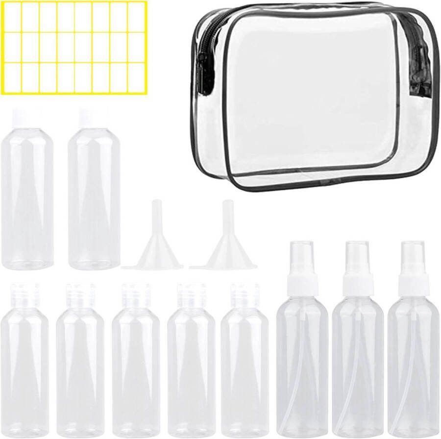 Reisflessen toiletartikelen 100 ml Set van 10 doorzichtige navulbare cosmetische flessen met labels trechter reisflesjes handbagage