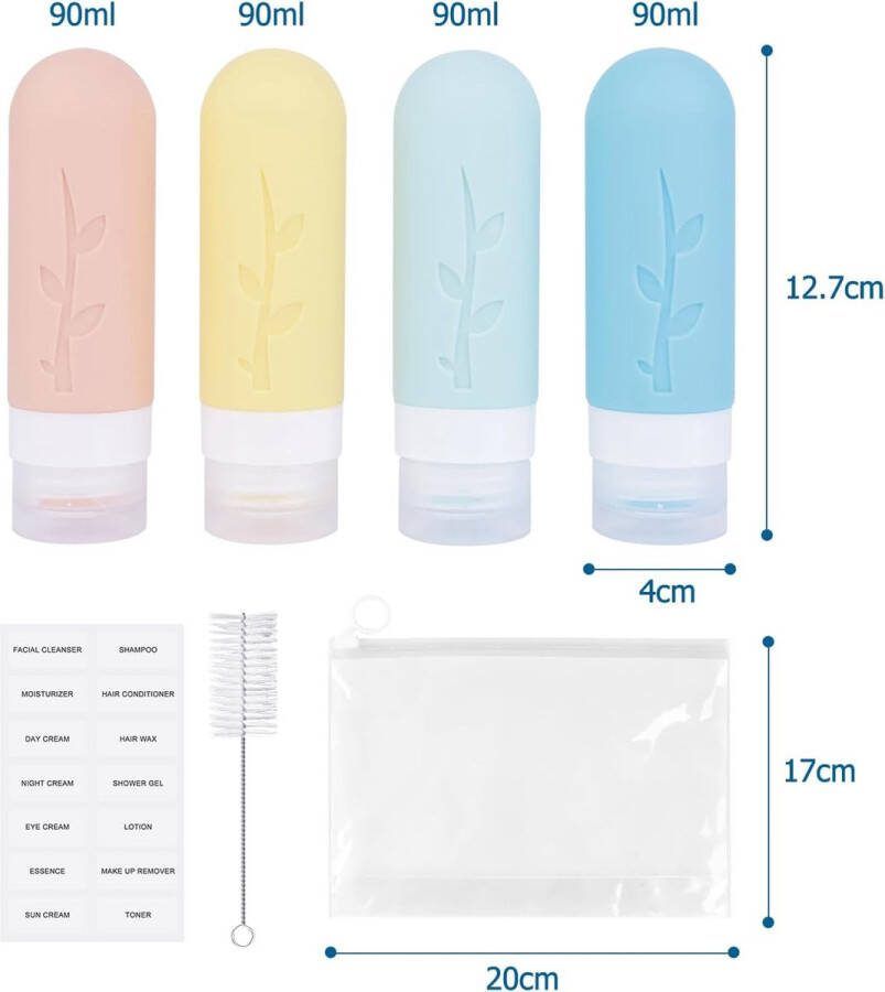 Reisflessen van siliconen 4 stuks 90 ml lekvrij met schoon penseel en afneembare etiketten navulbare reisflessen voor shampoo crème vloeistof en lotion