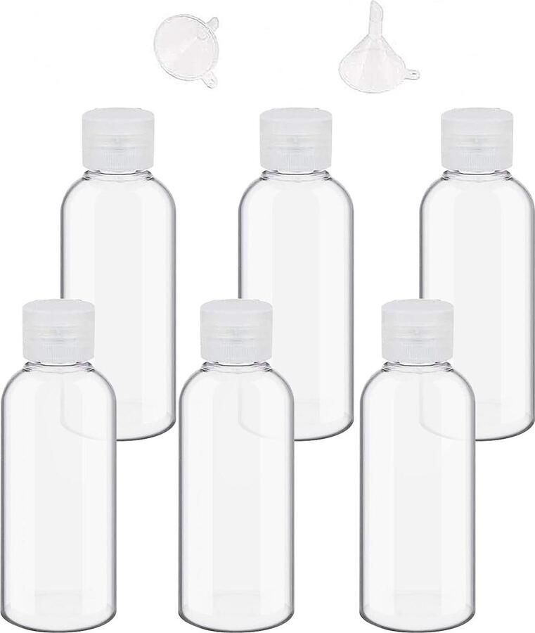 Reisflessenset 100 ml plastic Transparante cosmeticaflessen Camping en reizen accessoires Shampoo-lotion Trechter Set van 6 reisflesjes 100ml